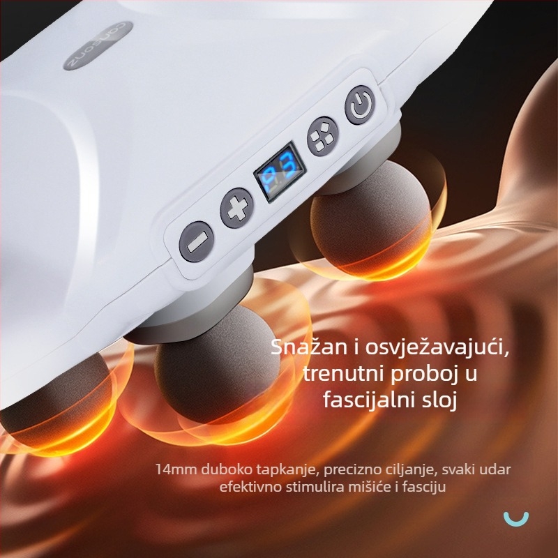 Masaža fascije mišića s 4 glavice, brushed motor, 3-razinska prilagodba, ugrađena baterija 2000–4000 mAh, vrijeme rada 1–3 h, buka 36–45 dB