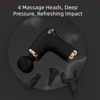 Mini masažni pištolj za fasciju – 4 glave, 5+ brzina, ugrađena baterija 1000–1200 mAh, trajanje 1–3 h, tih rad do 36 dB