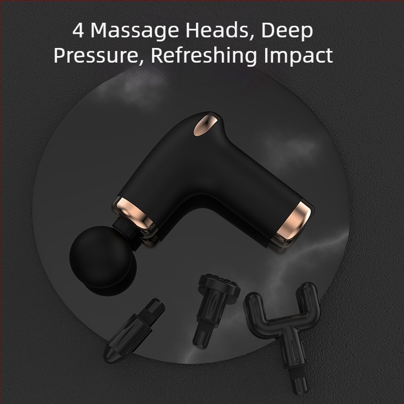 Mini masažni pištolj za fasciju – 4 glave, 5+ brzina, ugrađena baterija 1000–1200 mAh, trajanje 1–3 h, tih rad do 36 dB