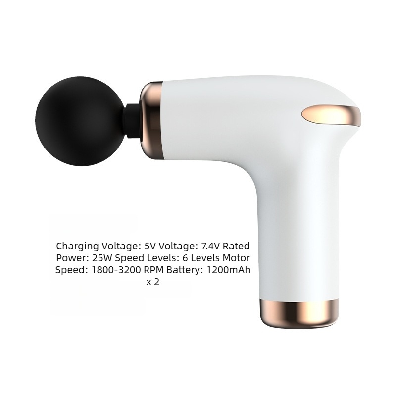 Mini masažni pištolj za fasciju – 4 glave, 5+ brzina, ugrađena baterija 1000–1200 mAh, trajanje 1–3 h, tih rad do 36 dB