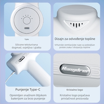 Fascijalni masažer – mini prijenosni, LCD zaslon, 4 glave za masažu, ugrađena baterija 1000–1200mAh, trajanje 0–1 h