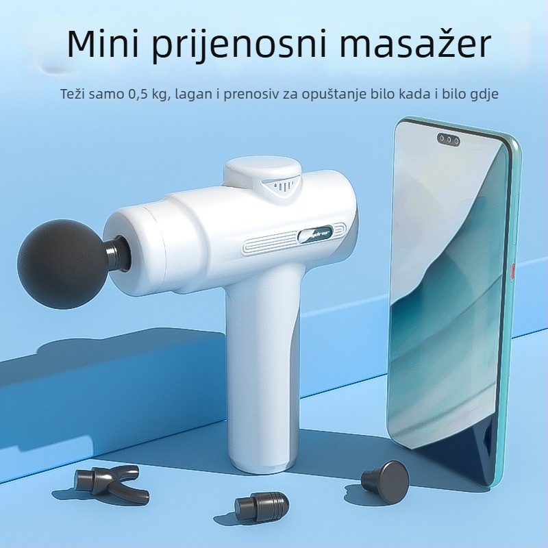 Fascijalni masažer – mini prijenosni, LCD zaslon, 4 glave za masažu, ugrađena baterija 1000–1200mAh, trajanje 0–1 h