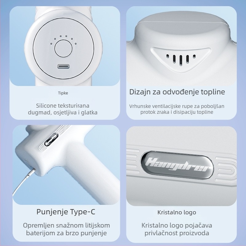 Fascijalni masažer – mini prijenosni, LCD zaslon, 4 glave za masažu, ugrađena baterija 1000–1200mAh, trajanje 0–1 h