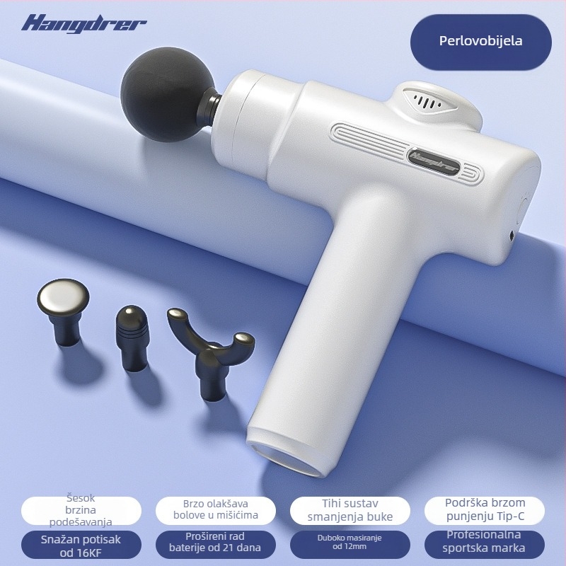 Fascijalni masažer – mini prijenosni, LCD zaslon, 4 glave za masažu, ugrađena baterija 1000–1200mAh, trajanje 0–1 h