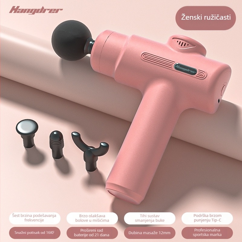 Fascijalni masažer – mini prijenosni, LCD zaslon, 4 glave za masažu, ugrađena baterija 1000–1200mAh, trajanje 0–1 h