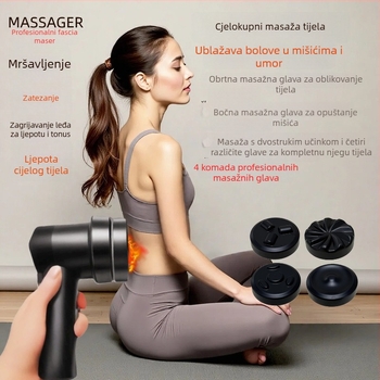 Pistolj za masažu fascije s motorom s četkicom, funkcija grijanja, 5+ brzina, 4 glave za masažu, ugrađena baterija