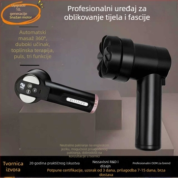 Pistolj za masažu fascije s motorom s četkicom, funkcija grijanja, 5+ brzina, 4 glave za masažu, ugrađena baterija