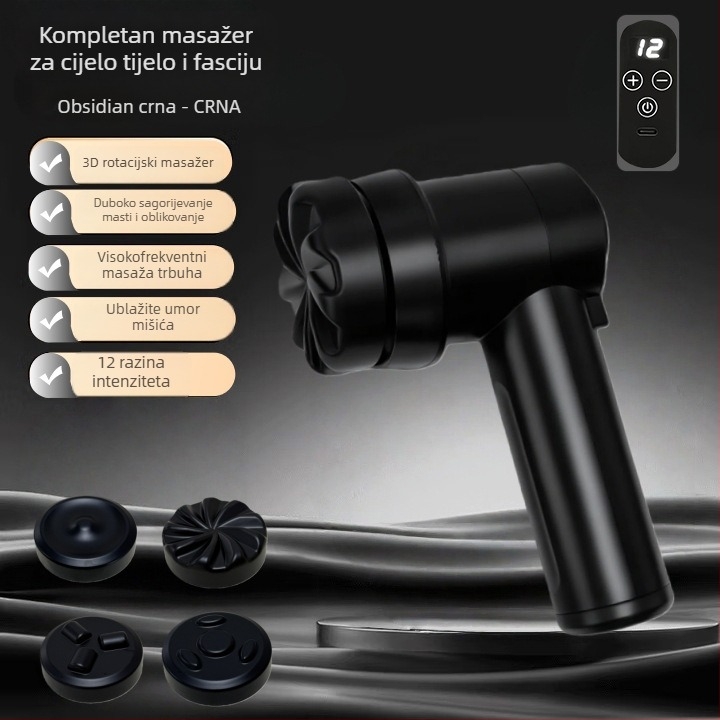 Pistolj za masažu fascije s motorom s četkicom, funkcija grijanja, 5+ brzina, 4 glave za masažu, ugrađena baterija