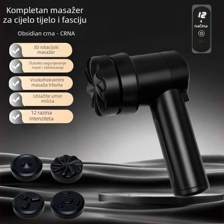 Pistolj za masažu fascije s motorom s četkicom, funkcija grijanja, 5+ brzina, 4 glave za masažu, ugrađena baterija