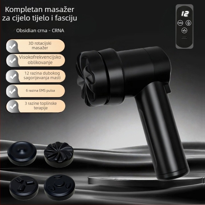 Pistolj za masažu fascije s motorom s četkicom, funkcija grijanja, 5+ brzina, 4 glave za masažu, ugrađena baterija