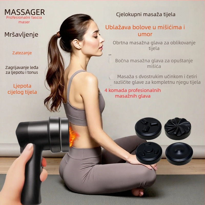 Pistolj za masažu fascije s motorom s četkicom, funkcija grijanja, 5+ brzina, 4 glave za masažu, ugrađena baterija