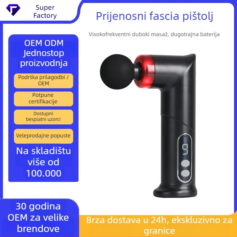Masazer fascia za kućnu upotrebu s motorom s četkicama, LCD zaslon, 4 nastavka za masažu, ugrađena baterija 1000–1200 mAh, trajanje baterije 1–3 sata