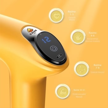 Masažni pištolj za mišiće - 4 glave, LCD zaslon, višefazno podešavanje, ugrađena baterija 1200–2000 mAh, trajanje 3–6 h.