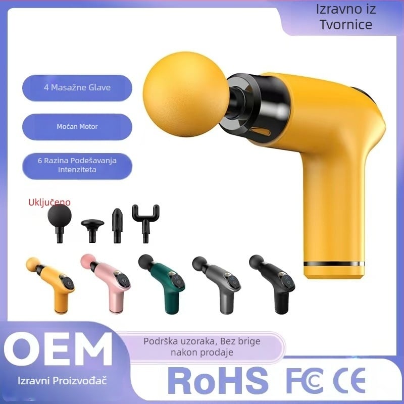 Masažni pištolj za mišiće - 4 glave, LCD zaslon, višefazno podešavanje, ugrađena baterija 1200–2000 mAh, trajanje 3–6 h.