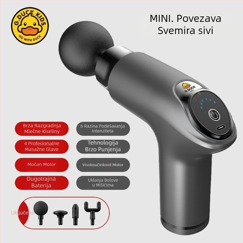 Masažni pištolj za mišiće - 4 glave, LCD zaslon, višefazno podešavanje, ugrađena baterija 1200–2000 mAh, trajanje 3–6 h.