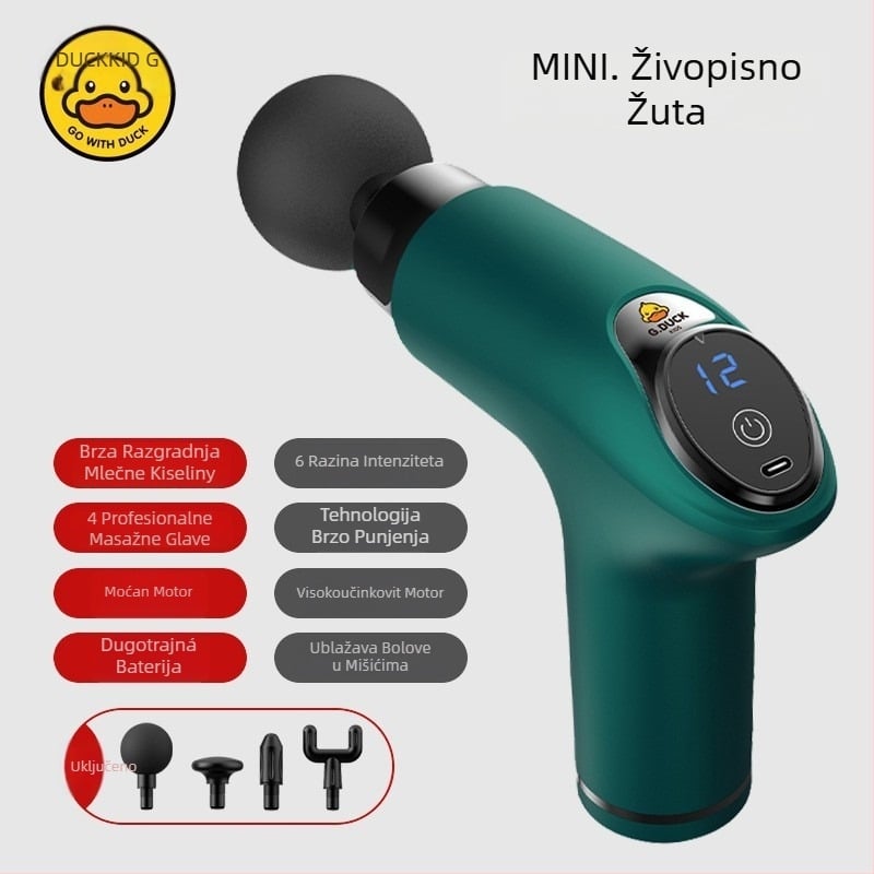 Masažni pištolj za mišiće - 4 glave, LCD zaslon, višefazno podešavanje, ugrađena baterija 1200–2000 mAh, trajanje 3–6 h.