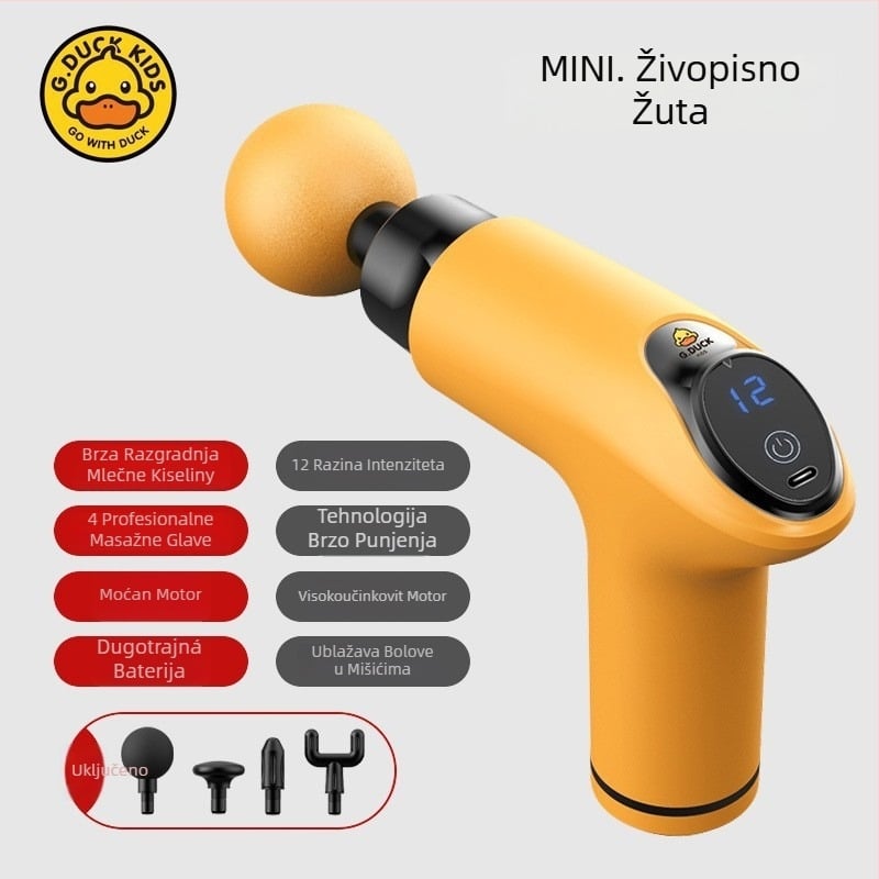 Masažni pištolj za mišiće - 4 glave, LCD zaslon, višefazno podešavanje, ugrađena baterija 1200–2000 mAh, trajanje 3–6 h.