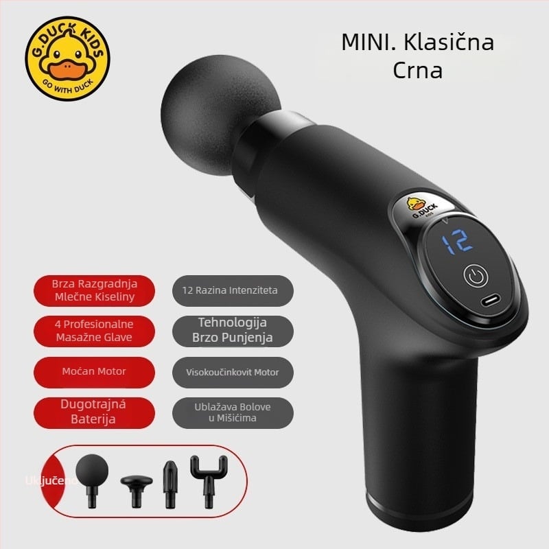 Masažni pištolj za mišiće - 4 glave, LCD zaslon, višefazno podešavanje, ugrađena baterija 1200–2000 mAh, trajanje 3–6 h.