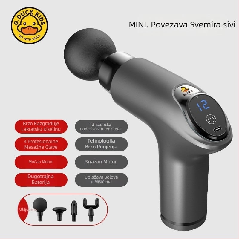 Masažni pištolj za mišiće - 4 glave, LCD zaslon, višefazno podešavanje, ugrađena baterija 1200–2000 mAh, trajanje 3–6 h.