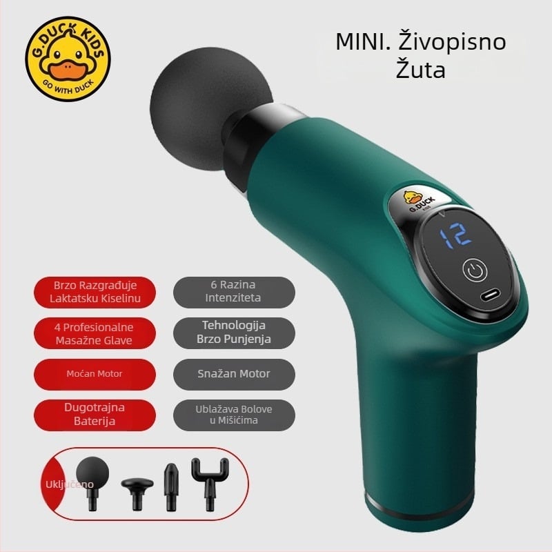 Masažni pištolj za mišiće - 4 glave, LCD zaslon, višefazno podešavanje, ugrađena baterija 1200–2000 mAh, trajanje 3–6 h.