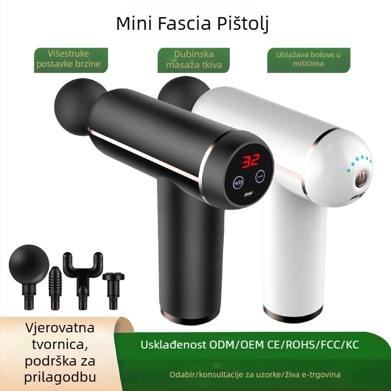 Mini masažer fascije s ugrađenom baterijom, četkasti motor, 4 masažne glave, funkcija toplog kompresije, LCD zaslon s 32 razina