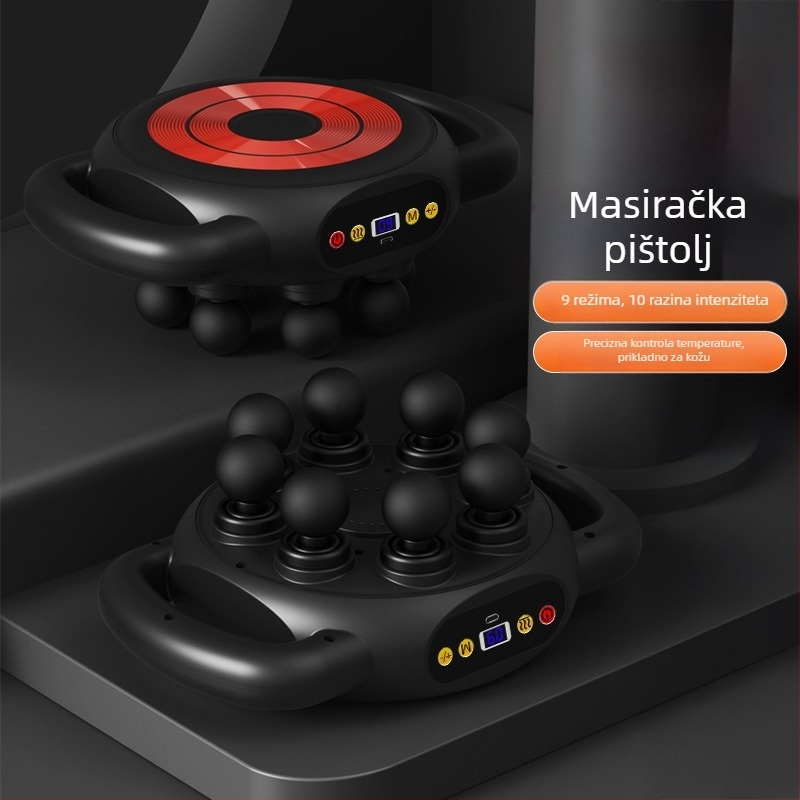 Fascia Gun masažer mišića - 4 glave, motor s četkicama, ugrađena baterija 1200-2000 mAh, LCD zaslon, 5+ brzina (buka < 36 dB)