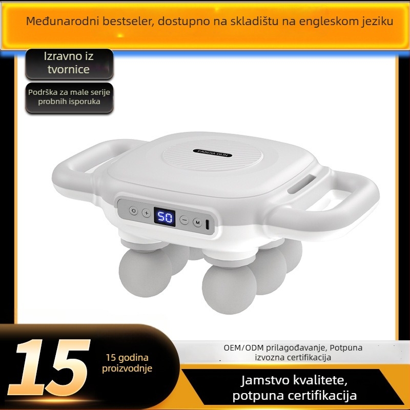 Šest glava fascia masažer s ugrađenom baterijom 2000–4000 mAh, trajanje 6–8 h, više od 5 razina brzine, tiho (<36 dB)