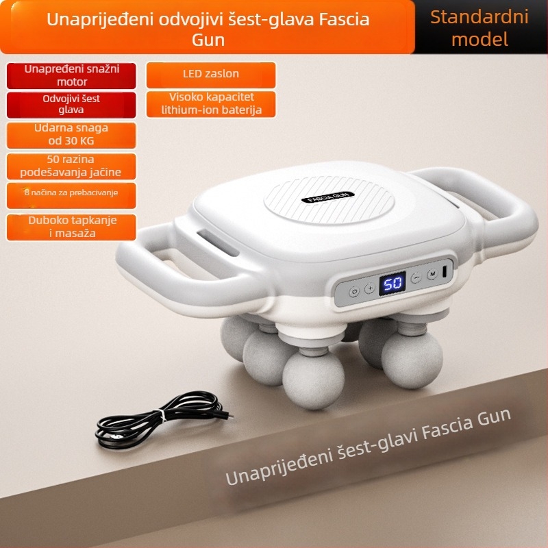 Šest glava fascia masažer s ugrađenom baterijom 2000–4000 mAh, trajanje 6–8 h, više od 5 razina brzine, tiho (<36 dB)