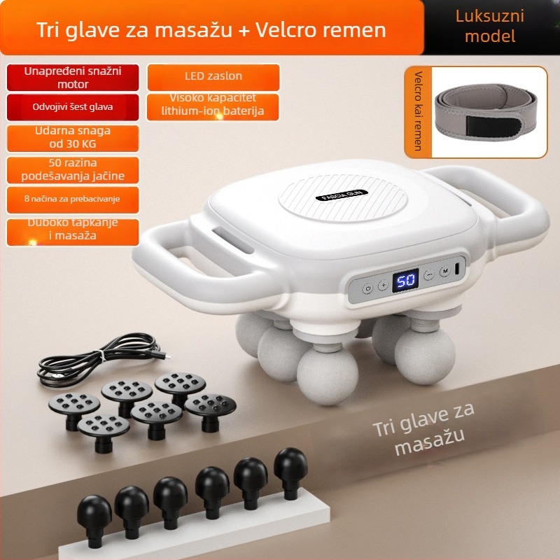 Šest glava fascia masažer s ugrađenom baterijom 2000–4000 mAh, trajanje 6–8 h, više od 5 razina brzine, tiho (<36 dB)