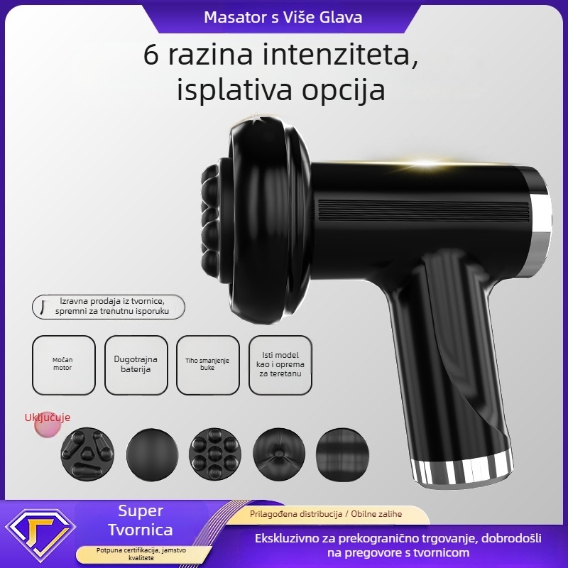 Prijenosni električni fascia maser s 5 nastavaka, 5+ brzina, ugrađena baterija 1200-2000 mAh, niska buka