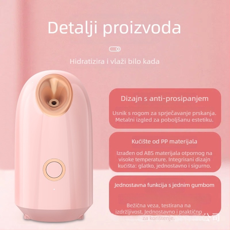 Prijenosni nano termalni parni uređaj za lice s hidratantnim sprejemom — IPX7 vodootporno, ugrađena baterija 1200–2000 mAh, funkcije: čišćenje, posvjetljenje, hidratacija, pomlađivanje kože
