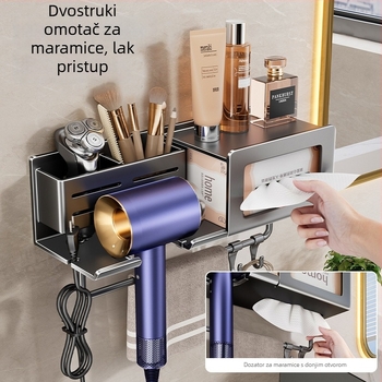 Držač za sušilo za kosu s integriranim skladištem za ručnik i maramice – montaža bez bušenja, aluminijska legura, nosivost 30 kg