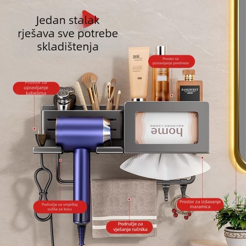 Držač za sušilo za kosu s integriranim skladištem za ručnik i maramice – montaža bez bušenja, aluminijska legura, nosivost 30 kg