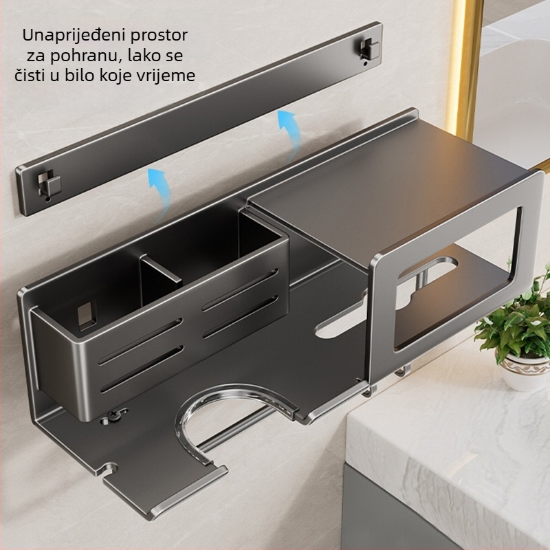 Držač za sušilo za kosu s integriranim skladištem za ručnik i maramice – montaža bez bušenja, aluminijska legura, nosivost 30 kg