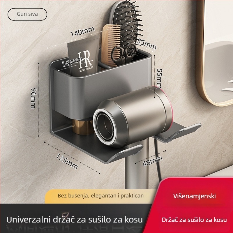 Držač za sušilo za kosu s integriranim skladištem za ručnik i maramice – montaža bez bušenja, aluminijska legura, nosivost 30 kg