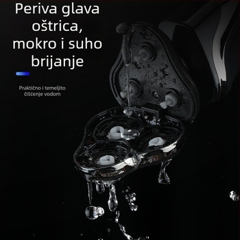 Električni brijač s plutajućom rotirajućom glavom od 3 oštrice, odvojiva i periva glava, ugrađena baterija 300–500 mAh, radno vrijeme 60 minuta, vrijeme punjenja 1 sat