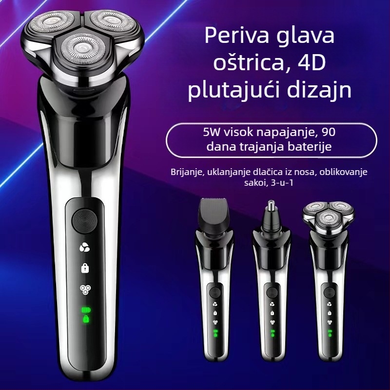 Električni brijač s plutajućom rotirajućom glavom od 3 oštrice, odvojiva i periva glava, ugrađena baterija 300–500 mAh, radno vrijeme 60 minuta, vrijeme punjenja 1 sat
