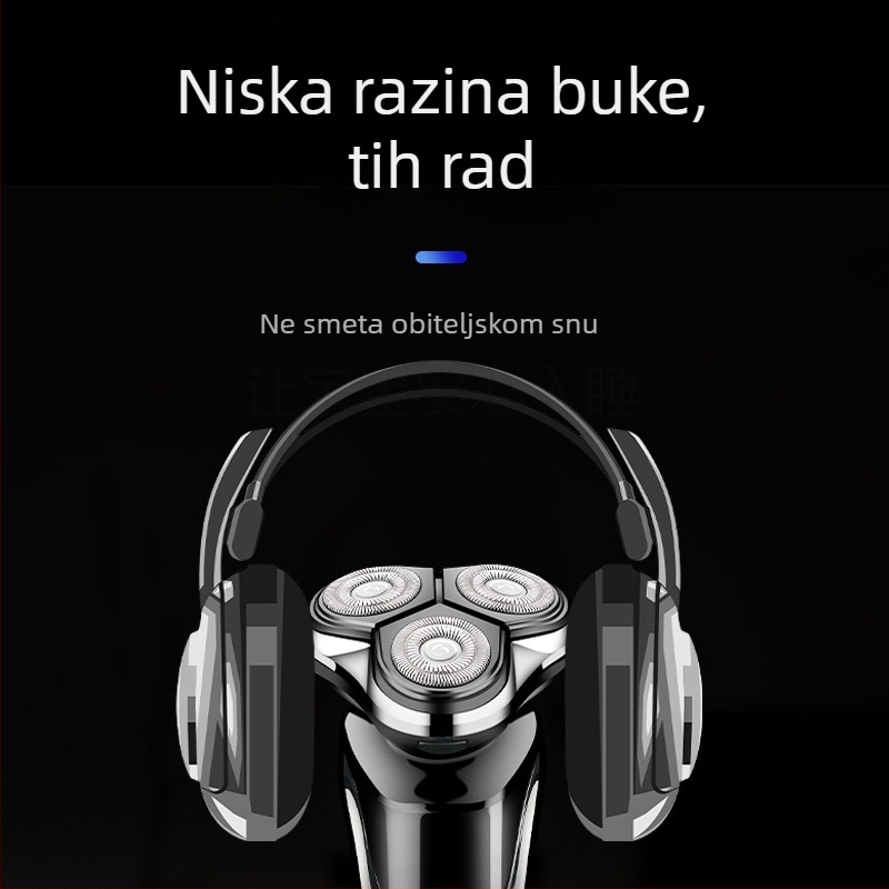 Električni brijač s plutajućom rotirajućom glavom od 3 oštrice, odvojiva i periva glava, ugrađena baterija 300–500 mAh, radno vrijeme 60 minuta, vrijeme punjenja 1 sat