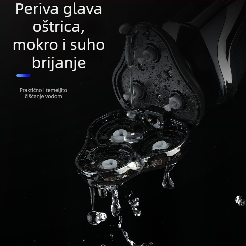 Električni brijač s plutajućom rotirajućom glavom od 3 oštrice, odvojiva i periva glava, ugrađena baterija 300–500 mAh, radno vrijeme 60 minuta, vrijeme punjenja 1 sat