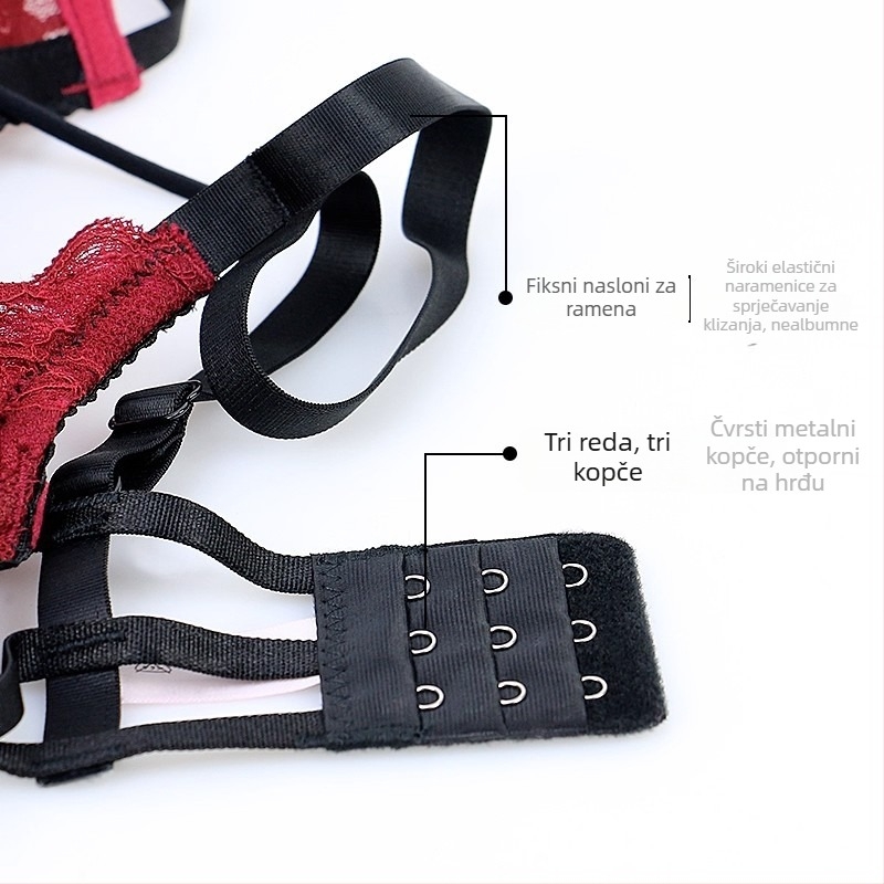 Set grudnjaka od čipke, cupa 3/4, tanke oblikovane košarice, fiksne dvostruke naramenice, stražnje kopče s tri reda kukica