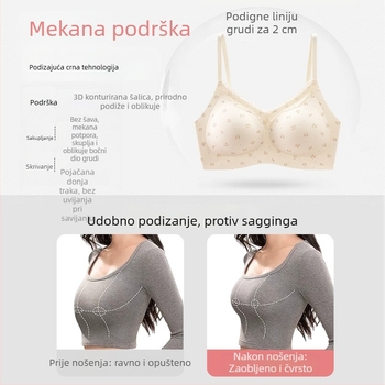 Bežični grudnjak s malom cvjetnom čipkom, bešavan, košarica 3/4 s srednje oblikovanim košaricama, fiksne naramenice, stražnje kopče s četiri reda kopči