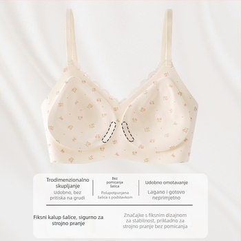 Bežični grudnjak s malom cvjetnom čipkom, bešavan, košarica 3/4 s srednje oblikovanim košaricama, fiksne naramenice, stražnje kopče s četiri reda kopči