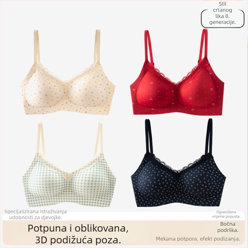 Bežični grudnjak s malom cvjetnom čipkom, bešavan, košarica 3/4 s srednje oblikovanim košaricama, fiksne naramenice, stražnje kopče s četiri reda kopči