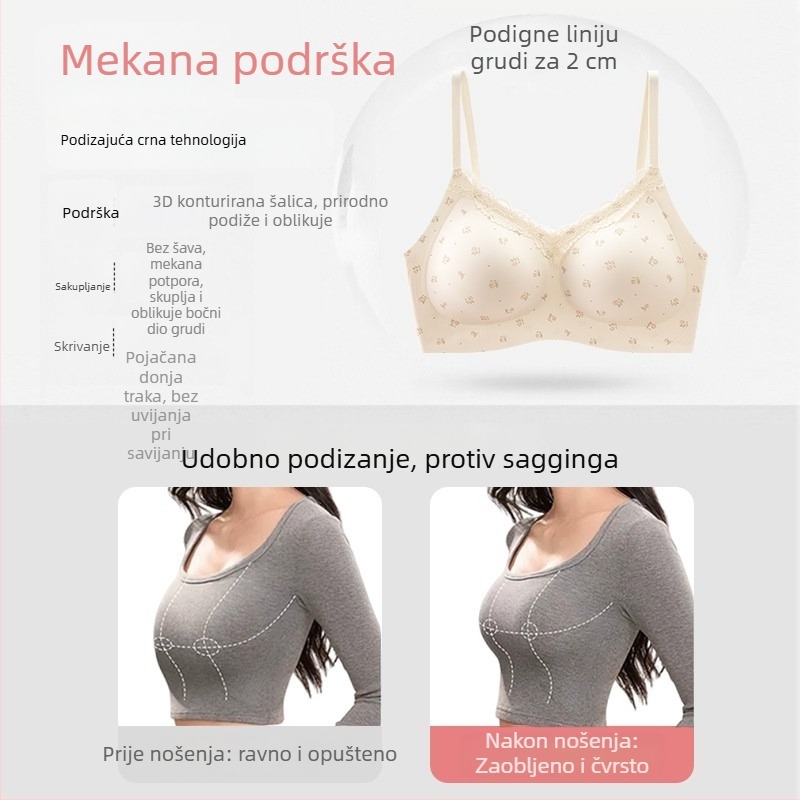 Bežični grudnjak s malom cvjetnom čipkom, bešavan, košarica 3/4 s srednje oblikovanim košaricama, fiksne naramenice, stražnje kopče s četiri reda kopči