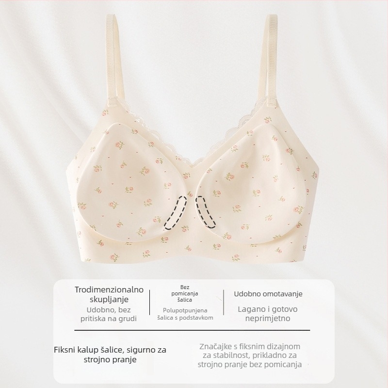 Bežični grudnjak s malom cvjetnom čipkom, bešavan, košarica 3/4 s srednje oblikovanim košaricama, fiksne naramenice, stražnje kopče s četiri reda kopči