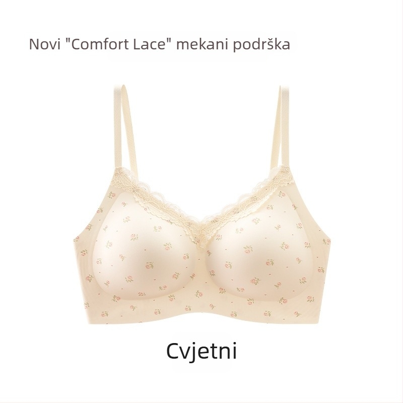 Bežični grudnjak s malom cvjetnom čipkom, bešavan, košarica 3/4 s srednje oblikovanim košaricama, fiksne naramenice, stražnje kopče s četiri reda kopči