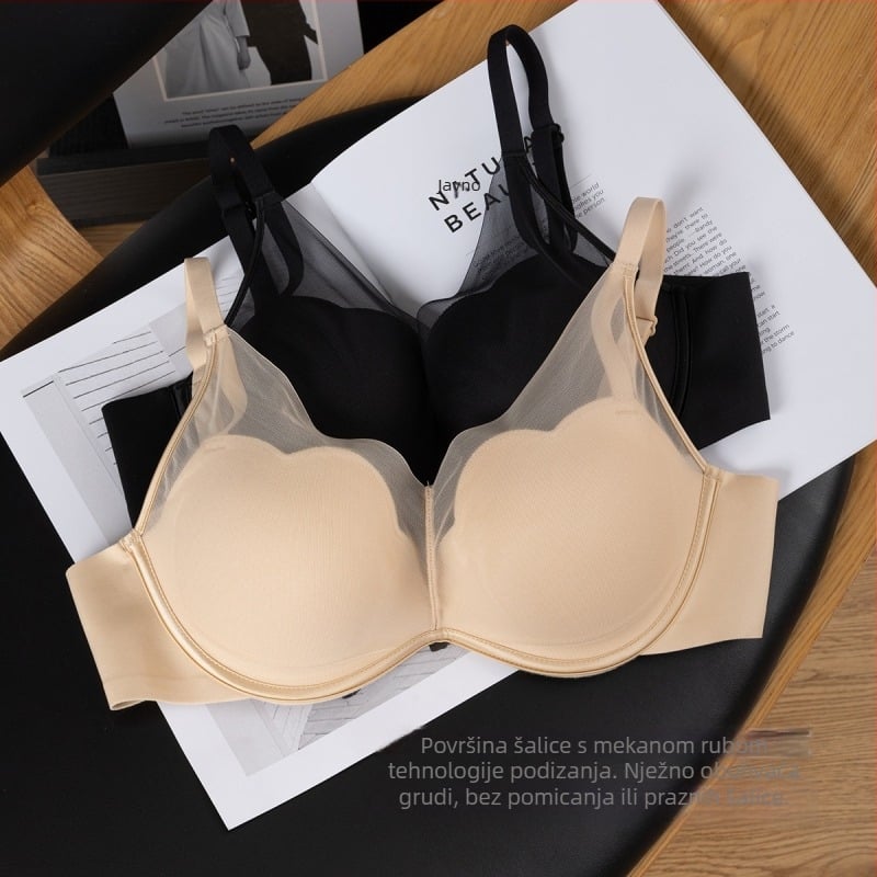 Bež žice push-up grudnjak od čipkaste mreže, duboki V dekolte, najlon vanjska tkanina, podstava od poliestera, fiksni dvostruki naramenici