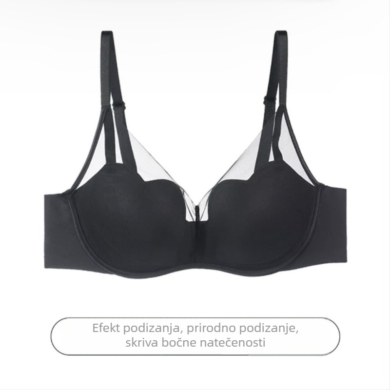 Bež žice push-up grudnjak od čipkaste mreže, duboki V dekolte, najlon vanjska tkanina, podstava od poliestera, fiksni dvostruki naramenici