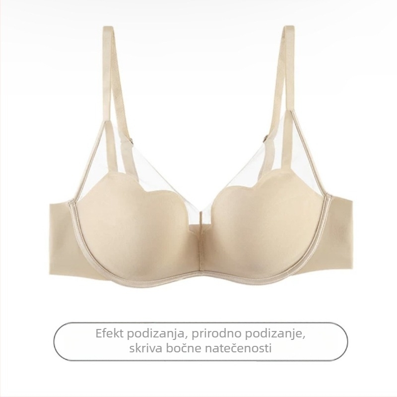 Bež žice push-up grudnjak od čipkaste mreže, duboki V dekolte, najlon vanjska tkanina, podstava od poliestera, fiksni dvostruki naramenici