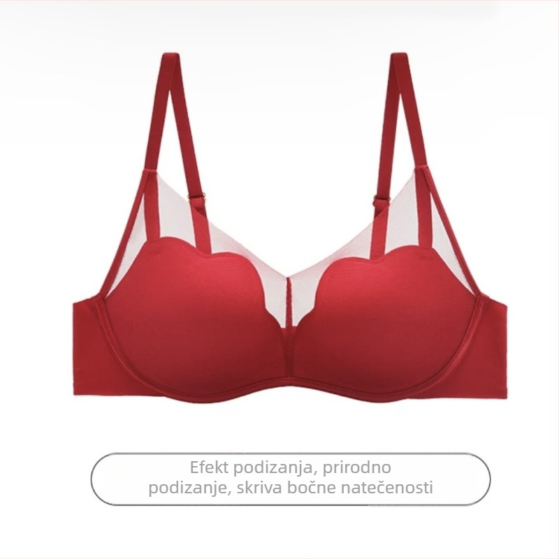 Bež žice push-up grudnjak od čipkaste mreže, duboki V dekolte, najlon vanjska tkanina, podstava od poliestera, fiksni dvostruki naramenici